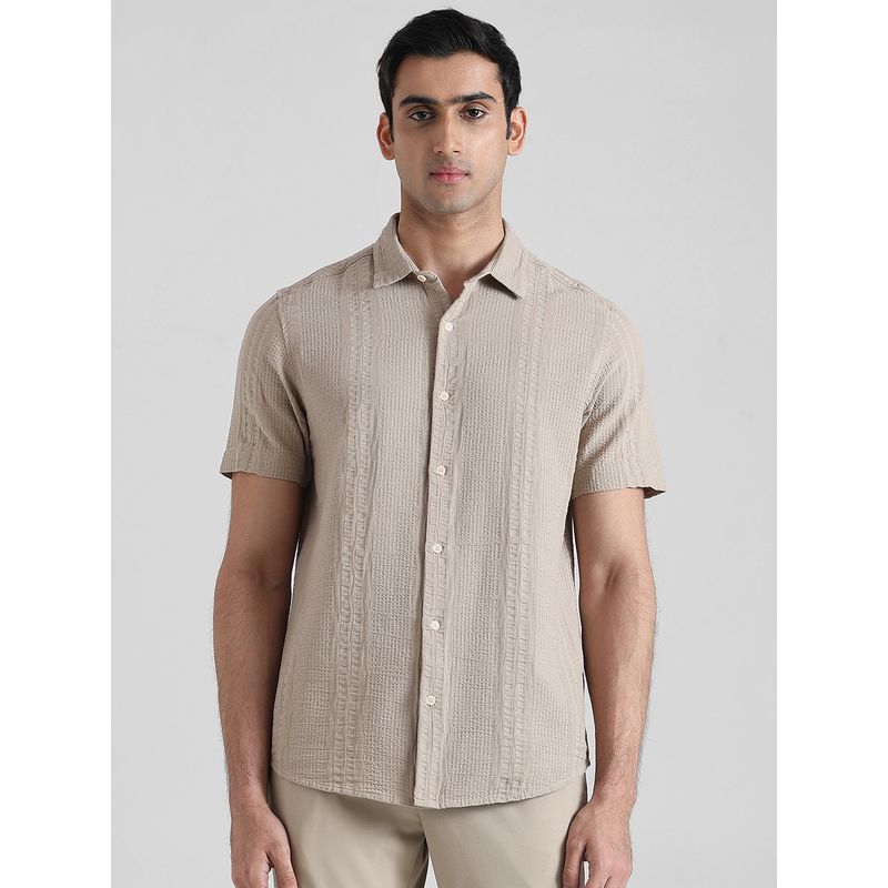 Mufti Men Beige Self Design Slim Fit Shirt (M)
