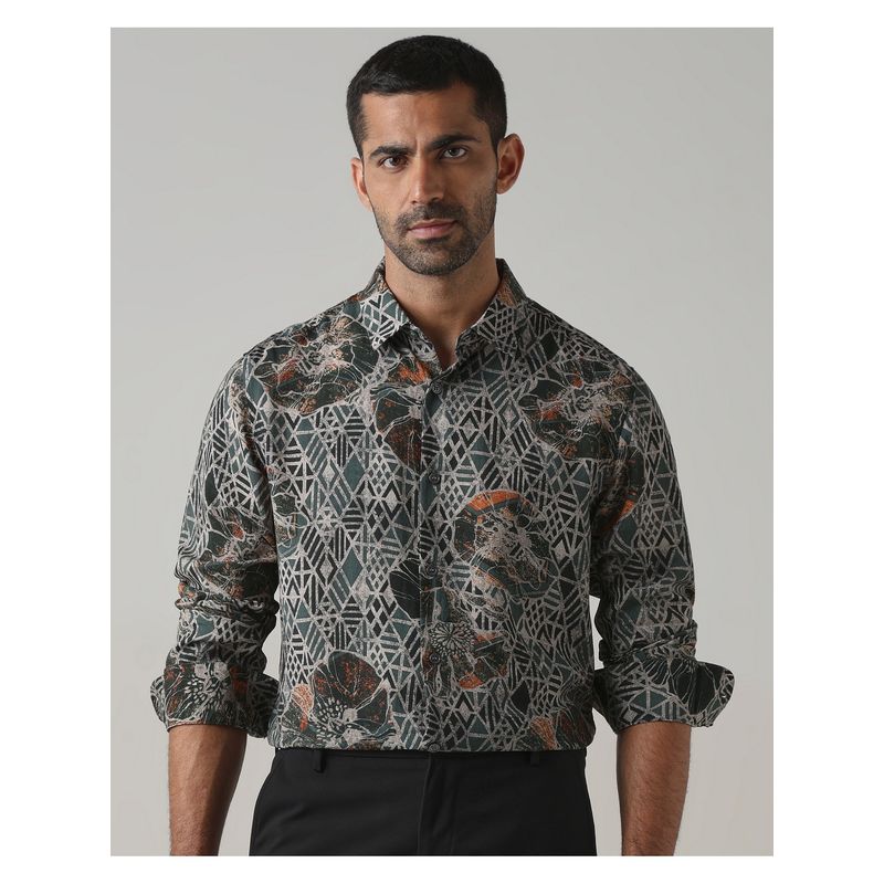 Mufti Men Green Geometric Slim Fit Shirt (M)