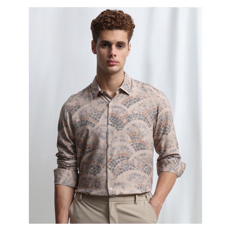 Mufti Men Beige Geometric Slim Fit Shirt (3XL)