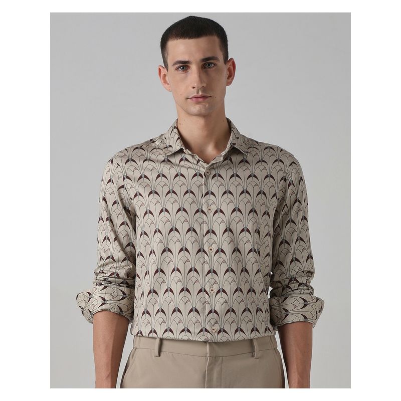 Mufti Men Beige Geometric Slim Fit Shirt (2XL)