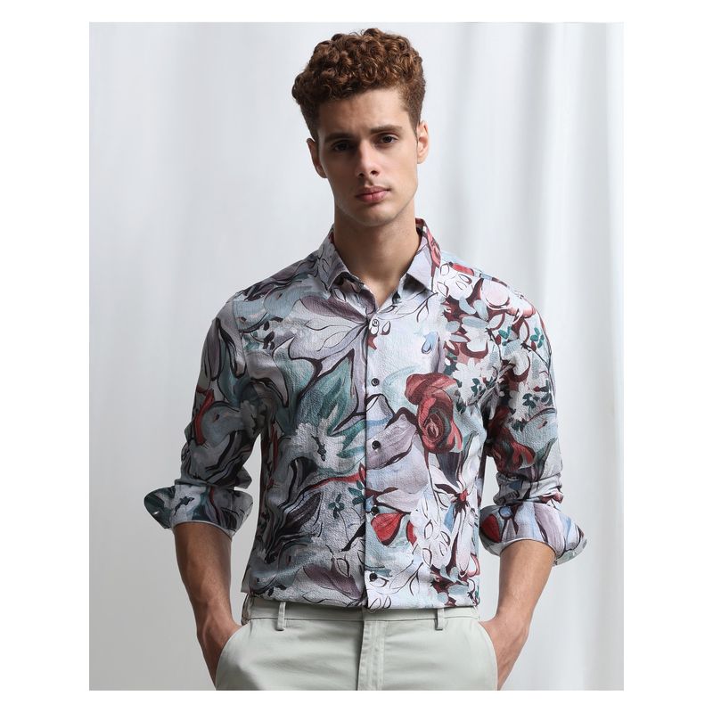 Mufti Men Aqua Floral Slim Fit Shirt (M)