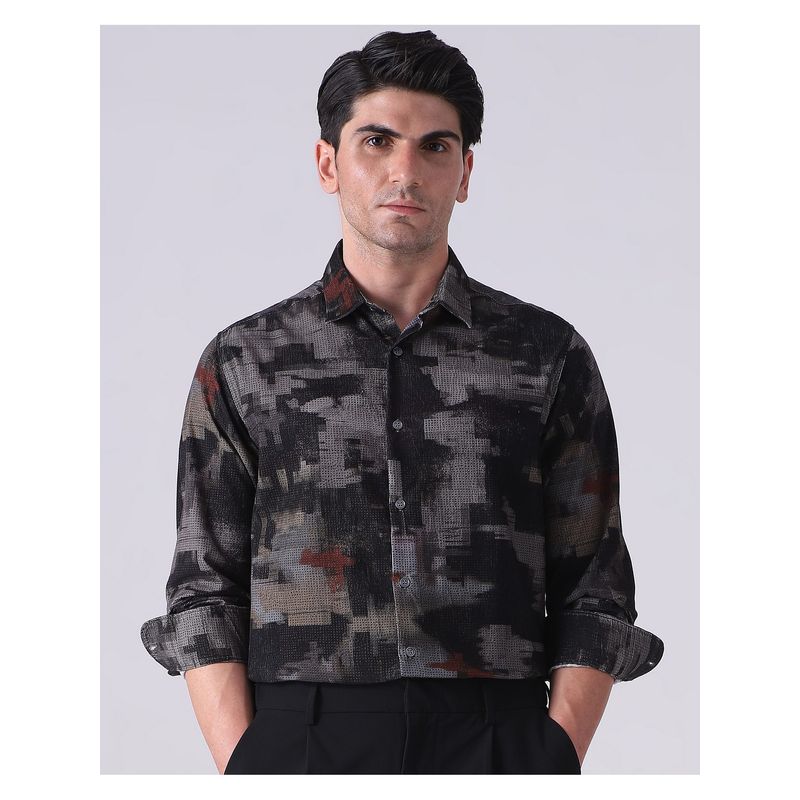 Mufti Men Grey Abstract Slim Fit Shirt (L)