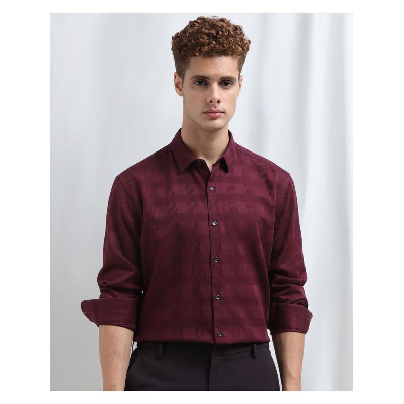 Mufti Men Maroon Checks Slim Fit Shirt (XL)