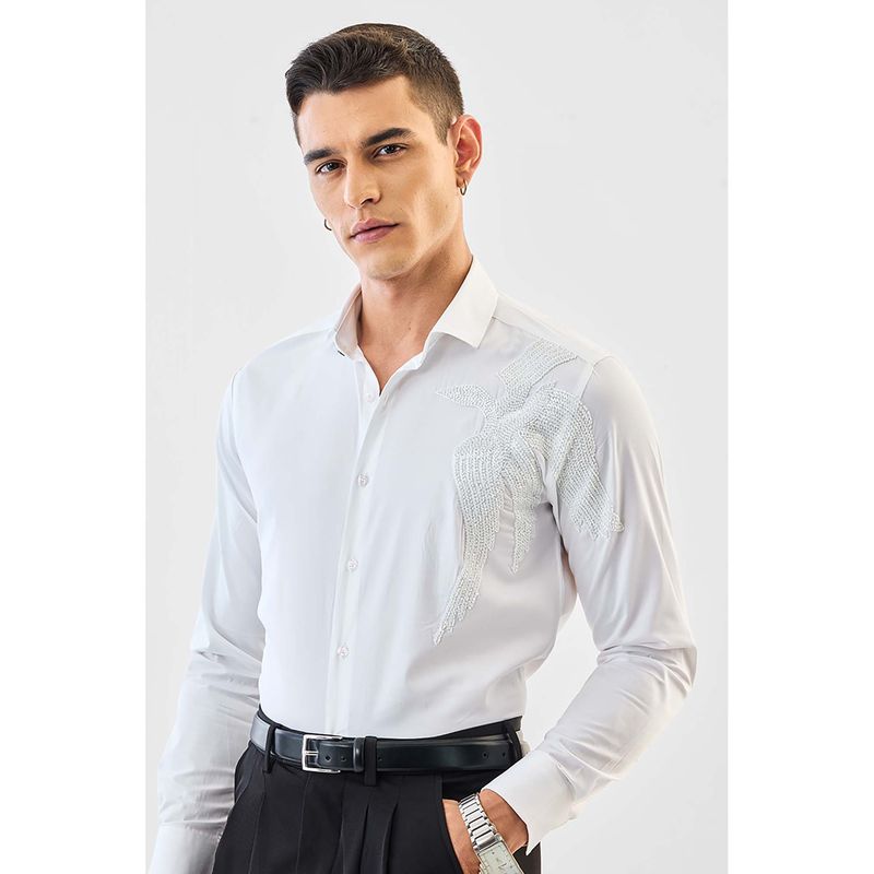 Snitch Men White Embellished Beads Full Sleeves Slim Party Luxe Shirt (M)