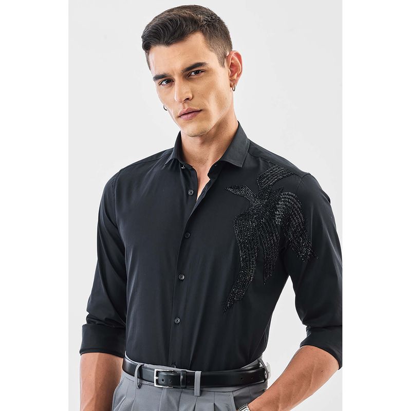 Snitch Men Black Embellished Beads Full Sleeves Slim Party Luxe Shirt (XS)