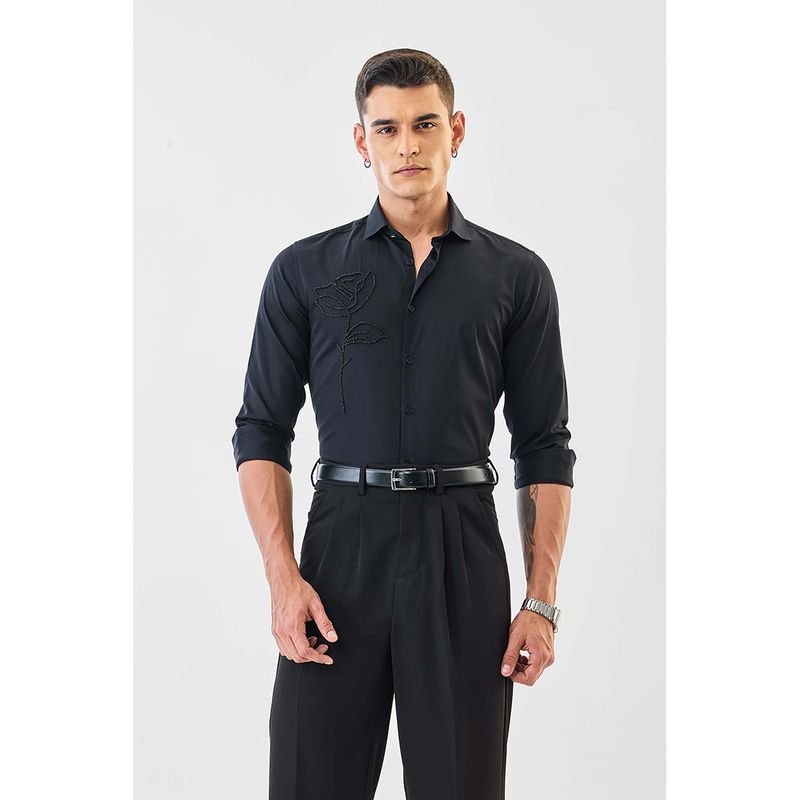 Snitch Men Black Embellished Beads Full Sleeves Slim Formal Luxe Shirt (M)