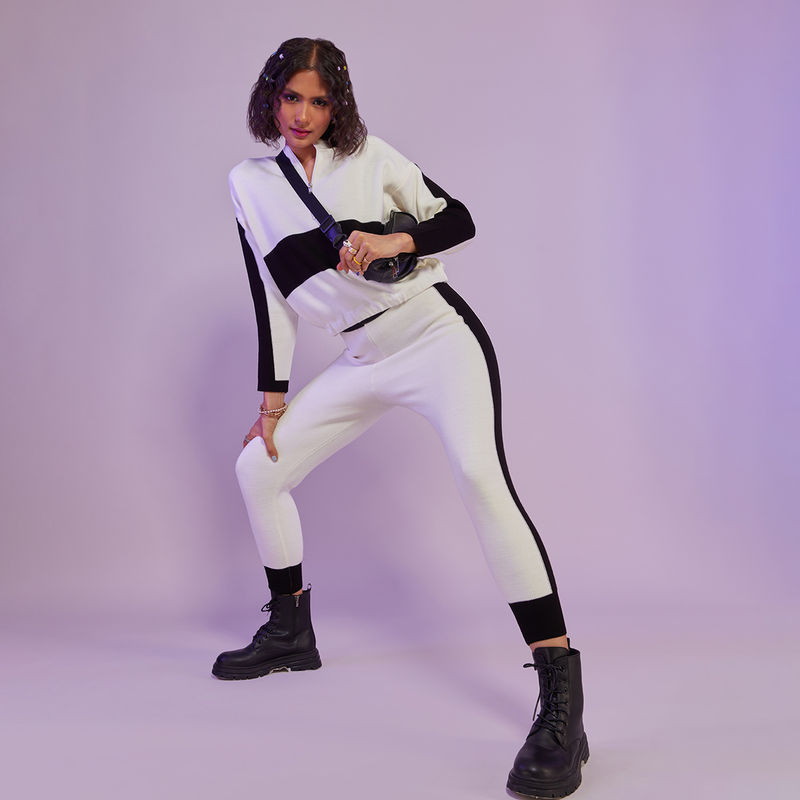 MIXT by Nykaa Fashion White and Black Colorblock Tracksuit (Set of 2) (M)