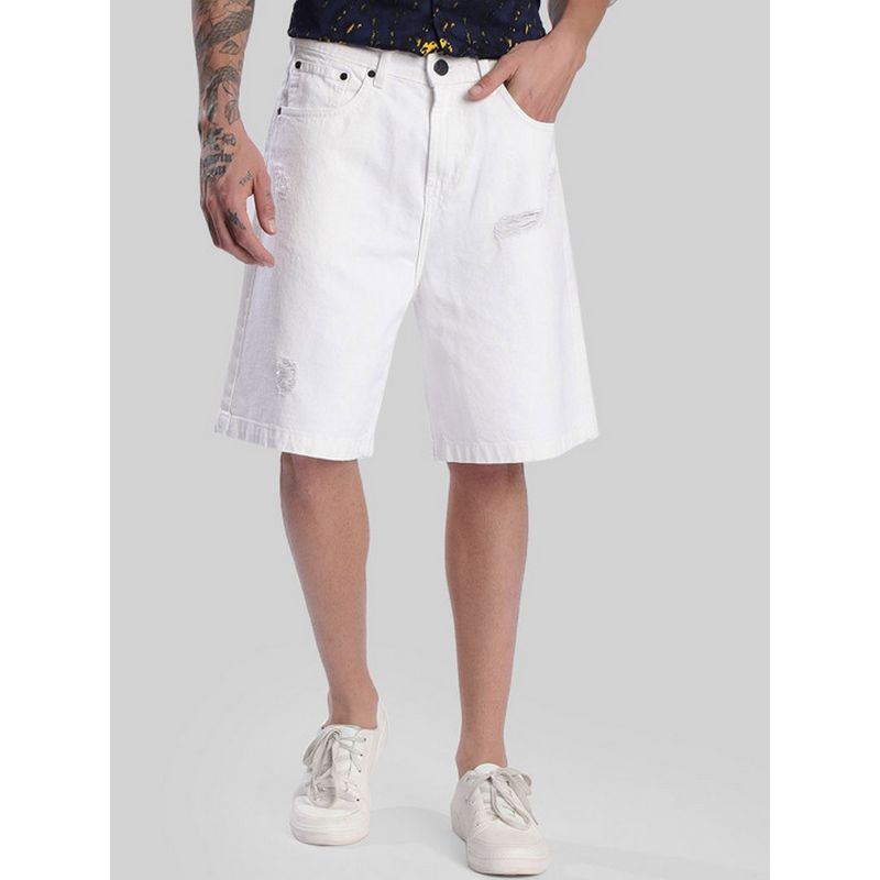 Bene Kleed Men White Baggy Fit Distressed Denim Shorts (28)