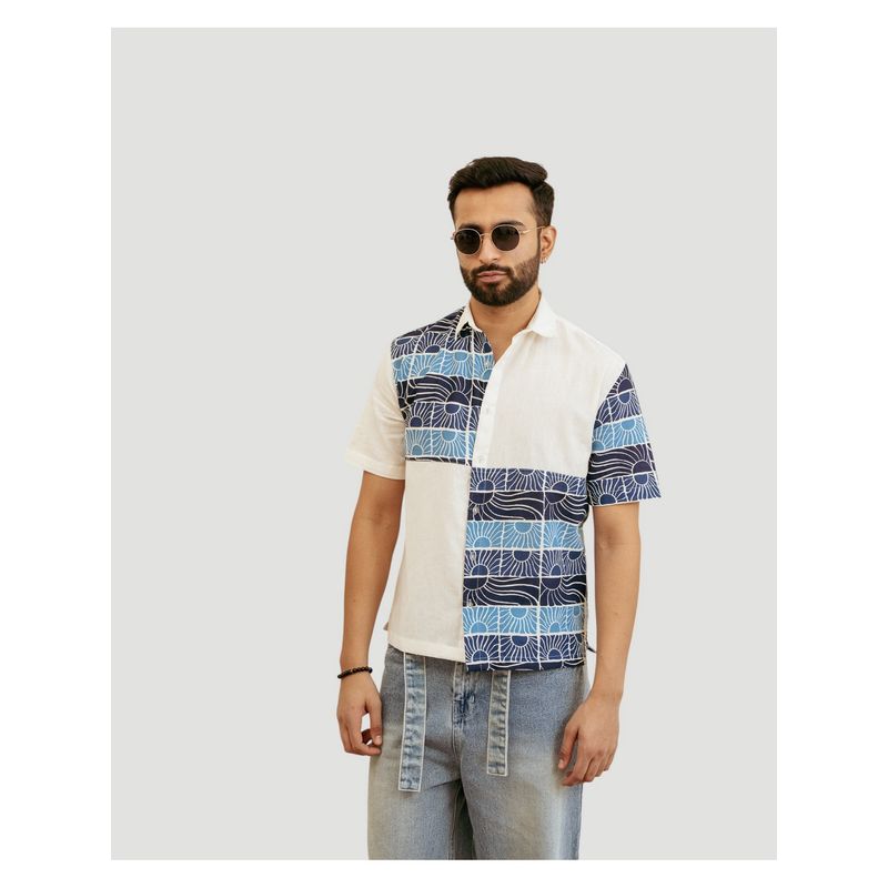 DRAGIT Men White Linen Blend Abstract Shirt (S)