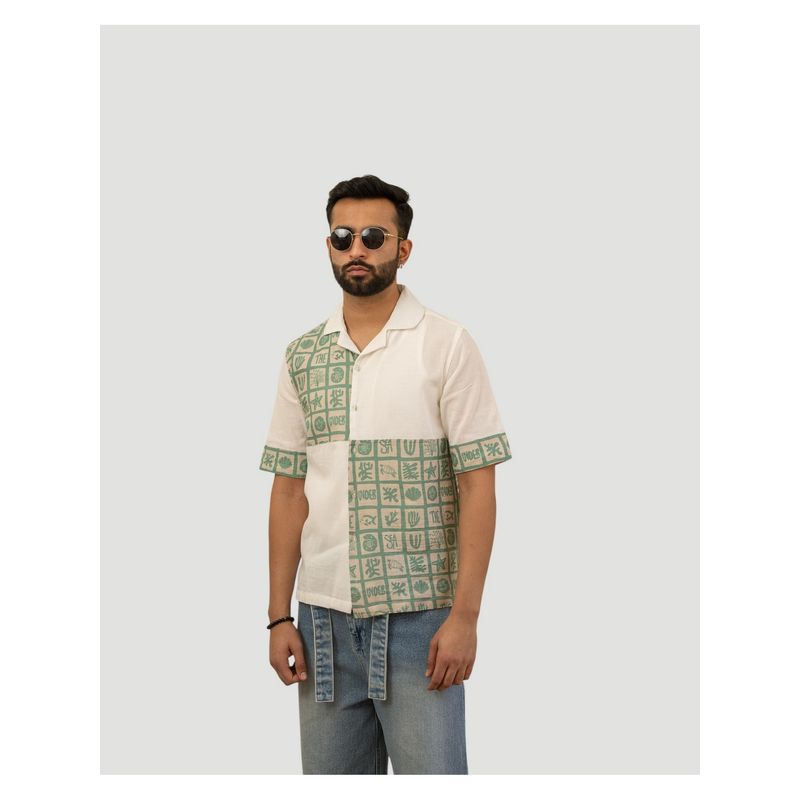 DRAGIT Men White Linen Abstract Shirt (S)