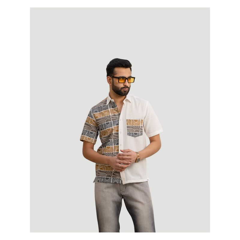 DRAGIT Men White Linen Blend Abstract Shirt (S)