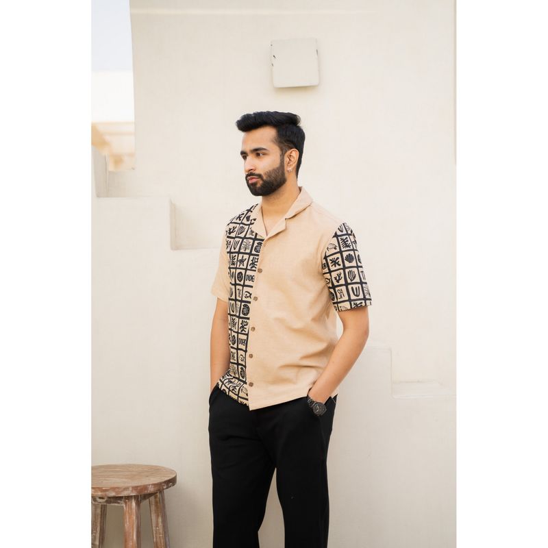 DRAGIT Men Black Linen Blend Abstract Shirt (S)