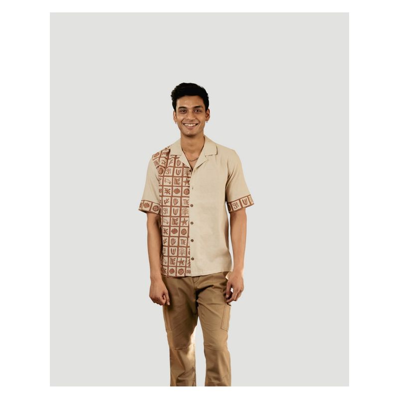DRAGIT Men Beige Linen Abstract Shirt (S)