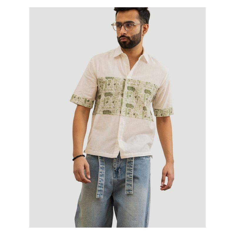 DRAGIT Men White Linen Blend Abstract Shirt (S)