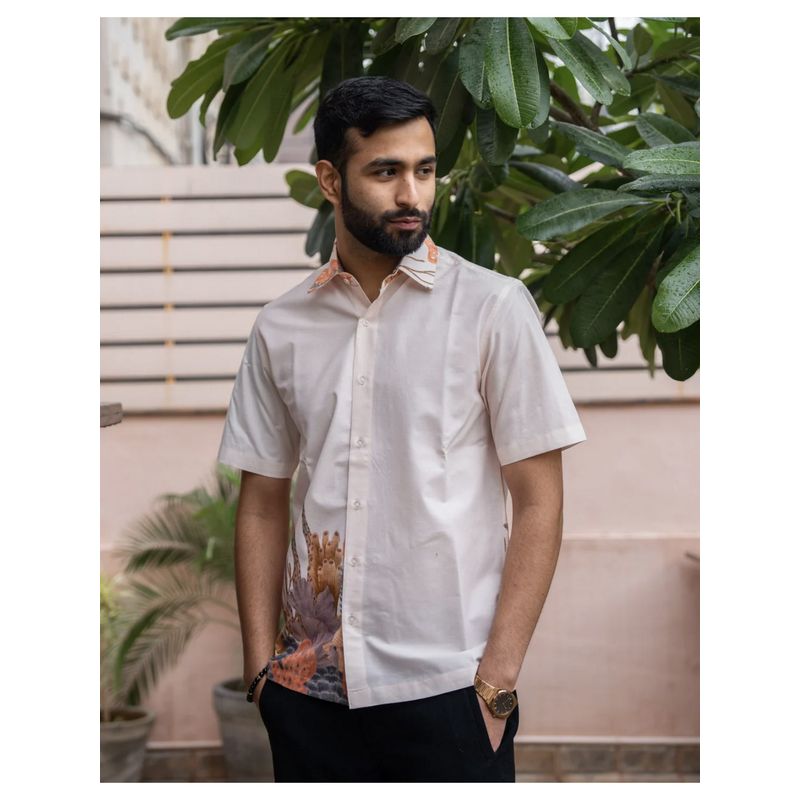 DRAGIT Men Ivory Cotton Graphic Shirt (S)