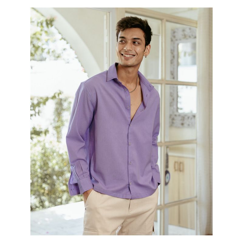 DRAGIT Men Lavender Linen Blend Solid Shirt (S)