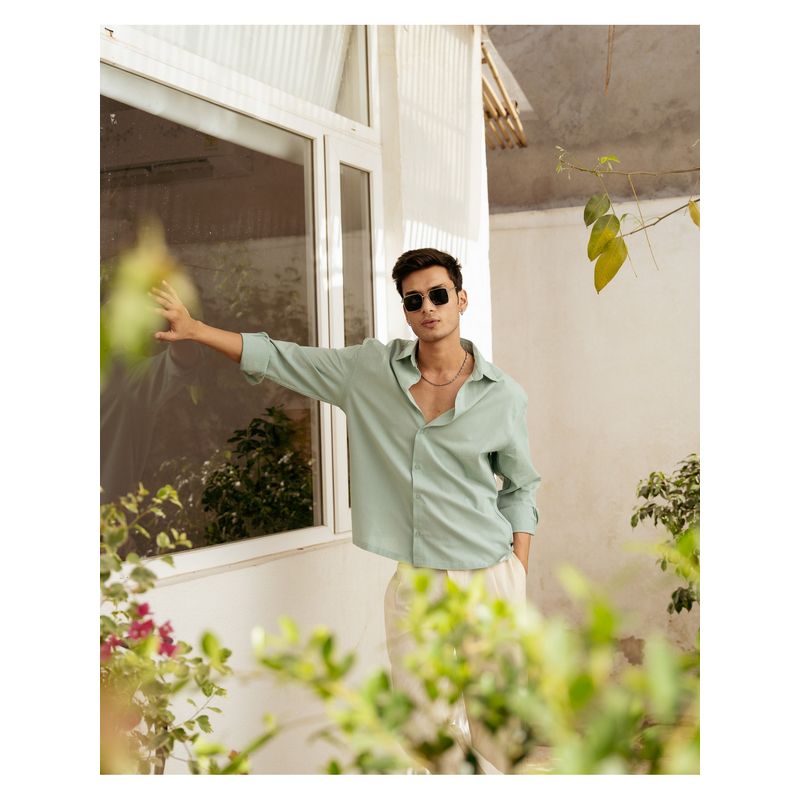 DRAGIT Men Green Linen Blend Solid Shirt (S)