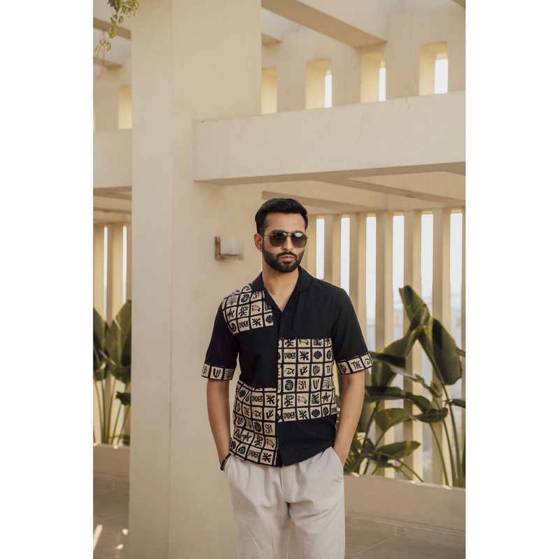 DRAGIT Men Black Linen Blend Abstract Shirt (S)