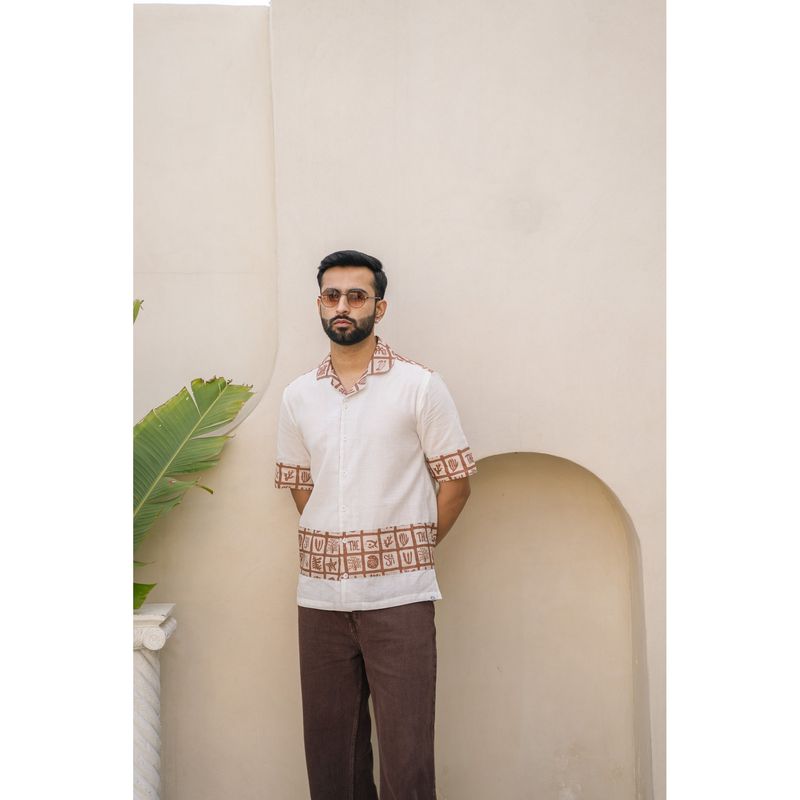 DRAGIT Men White Linen Abstract Shirt (S)