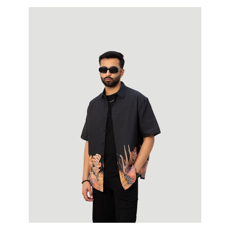 DRAGIT Men Black Linen Graphic Shirt (L)