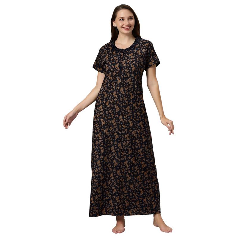 Quira Womens Nightdress Poly Cotton Leaf Print Maxi Length Brown (L)