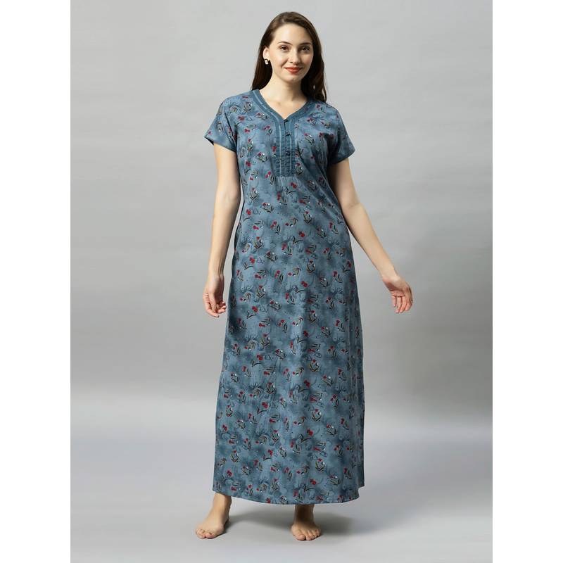 Quira Womens Blue Floral Printed Poly Cotton Nightdress (L)