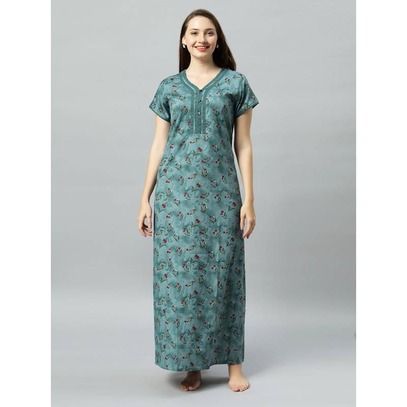 Quira Womens Printed Poly Cotton Nightdress - Green (L)
