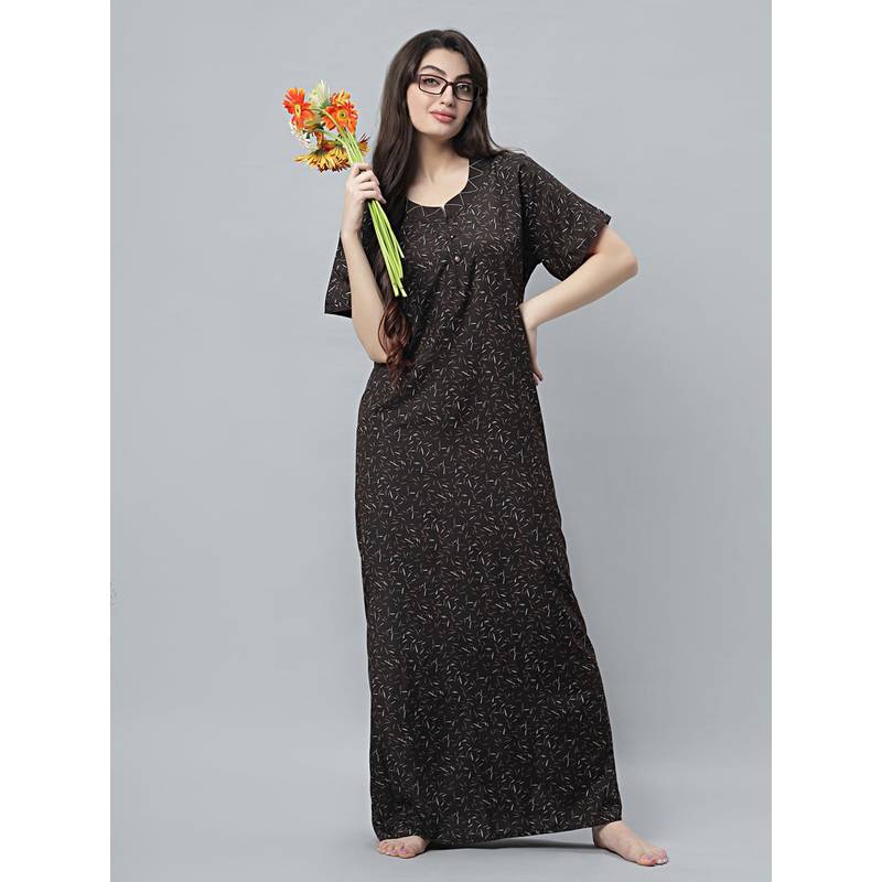 Quira Womens Coffee Cotton Blend Printed Nightdress - Half Sleeves (L)