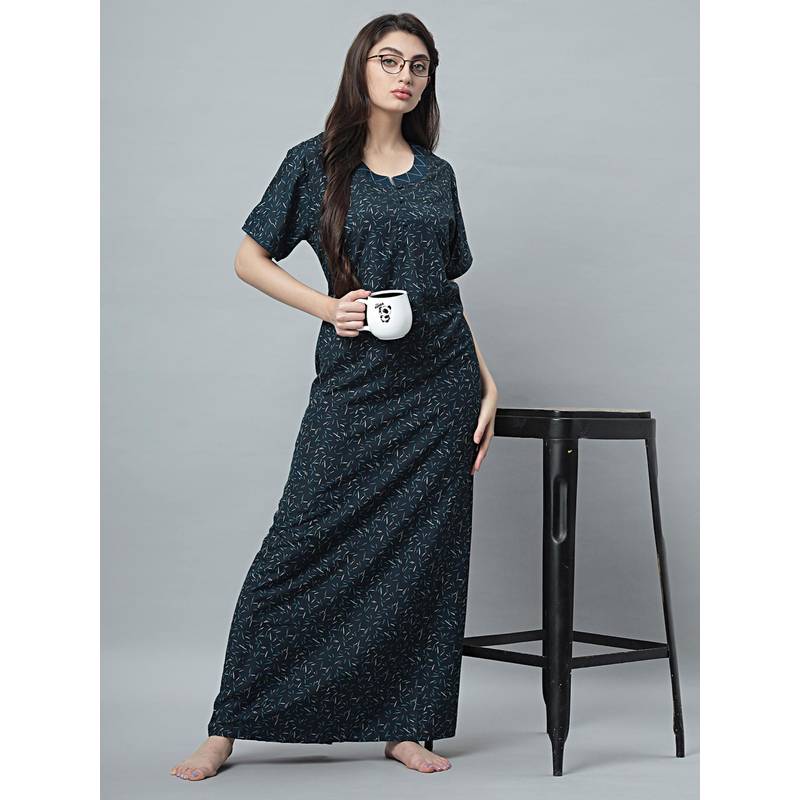 Quira Womens Teal Blue Cotton Blend Printed Nightdress - Half Sleeves (M)
