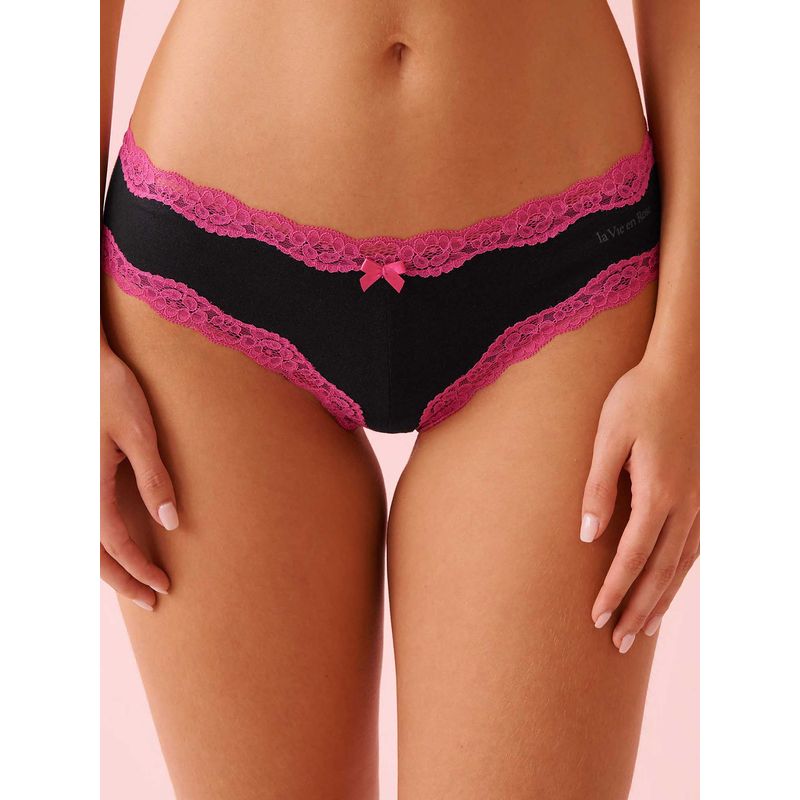 La Vie En Rose Cotton And Lace Trim Cheeky Panty Black (M)