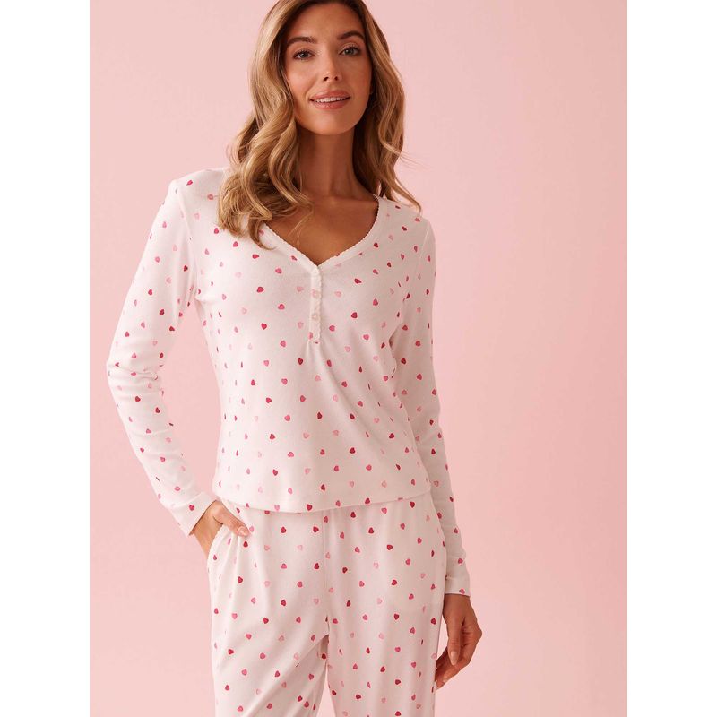 La Vie En Rose Heart Print Pointelle Long Sleeve Top White (S)