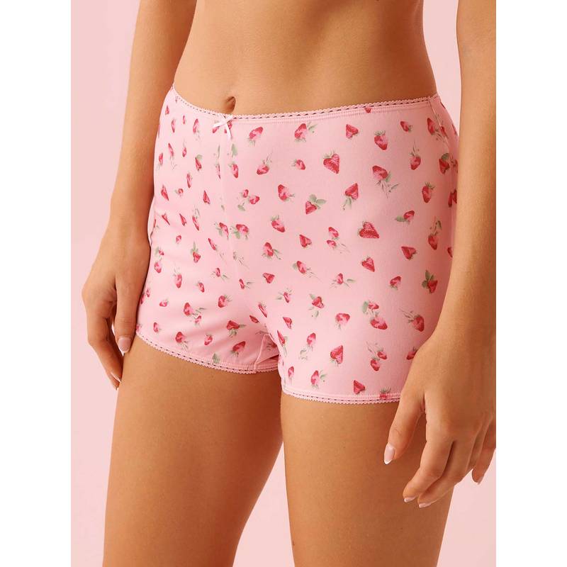 La Vie En Rose Strawberry Print Super Soft Biker Style Shorts Pink (S)