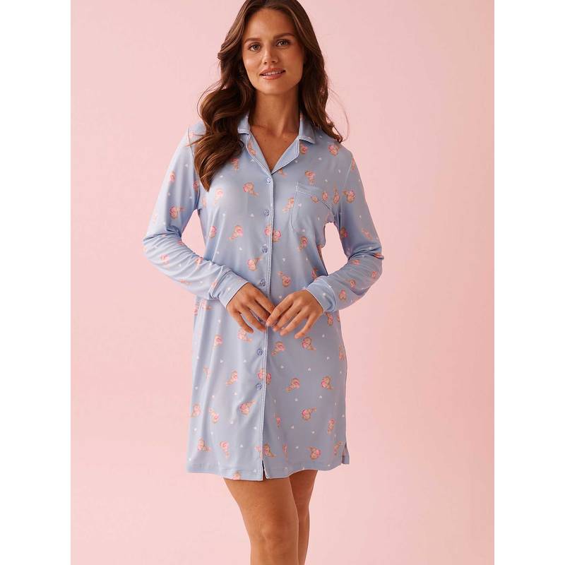 La Vie En Rose Bunny Print Super Soft Button-Down Sleepshirt (M)