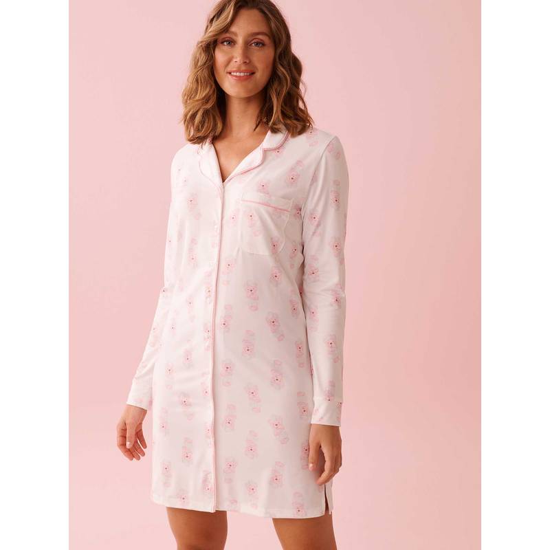La Vie En Rose Spa Time Teddy Print Super Soft Button-Down Sleepshirt (XS)