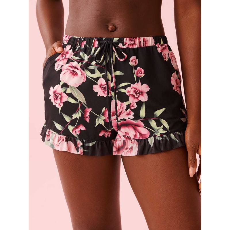 La Vie En Rose Peony Print Recycled Fibers Mesh Trim Shorts Black (S)