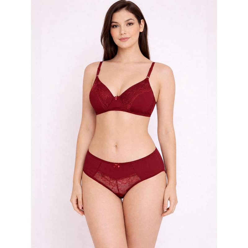 Groversons Paris Beauty Padded Bra & Panty With Lace Work Maroon (36B)