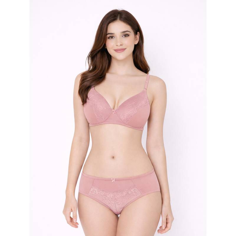 Groversons Paris Beauty Padded Bra & Panty With Lace Work Mauve (36B)