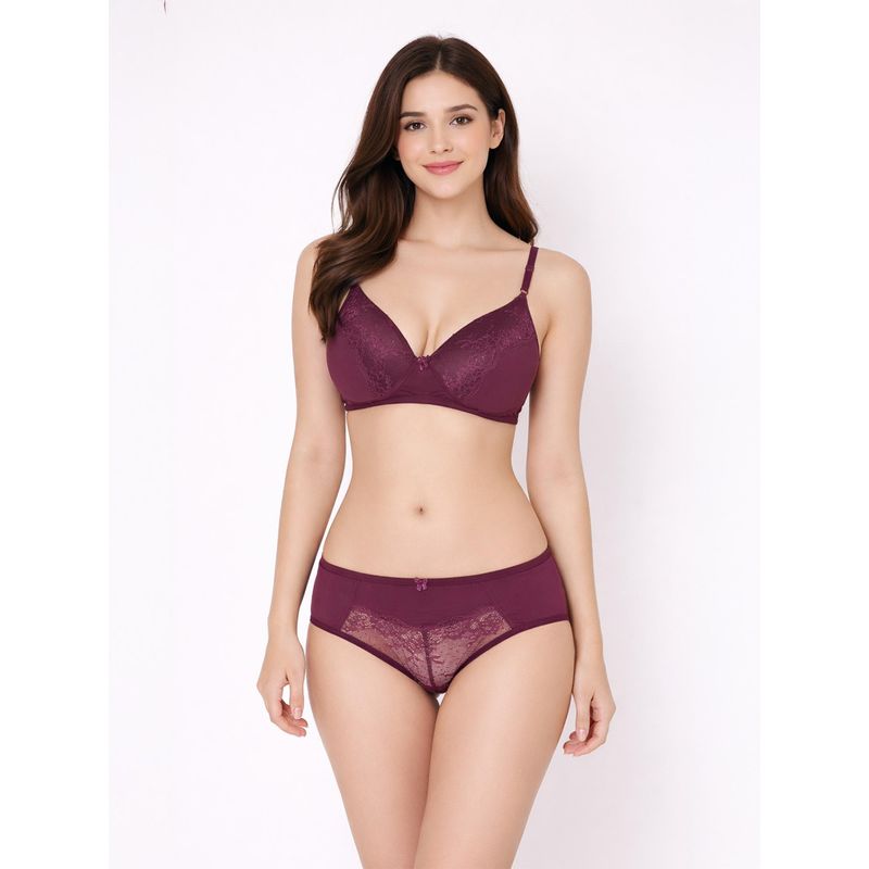 Groversons Paris Beauty Padded Bra & Panty With Lace Work Wine (34B)