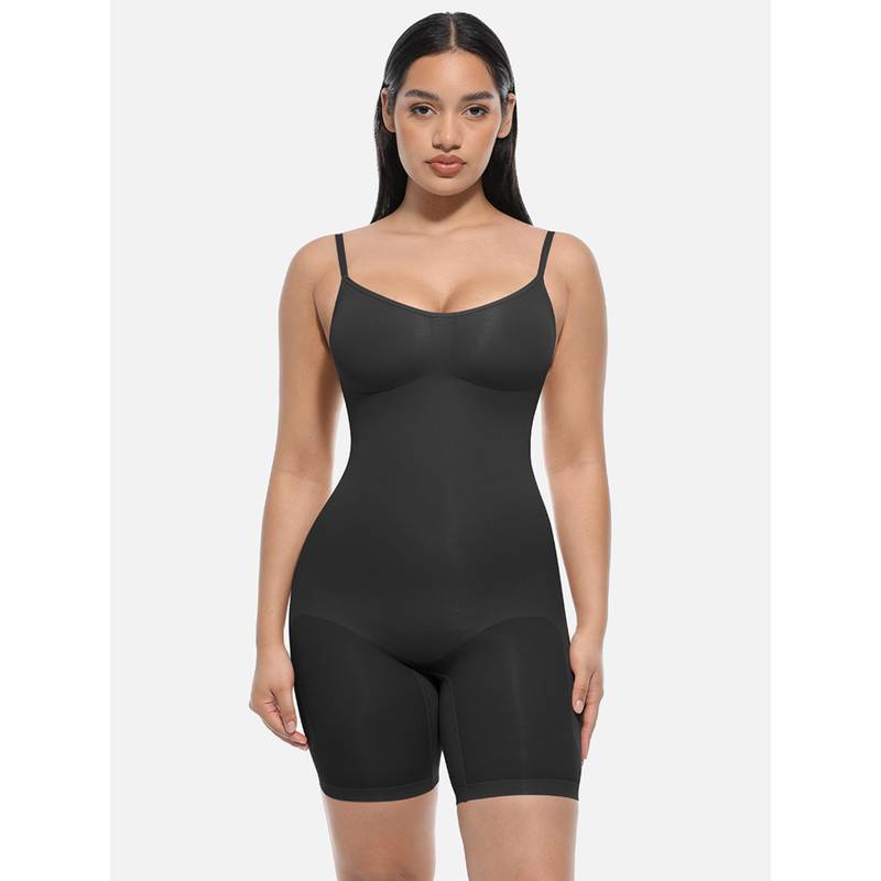 Shop The Edit Women Seamless Adjustable Straps Mid Thigh Full Body Shapewear Black (S/M)