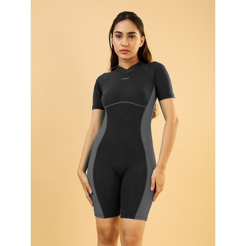 LYCOT Women Nylon High Coverage Kneesuit Swimsuit With Back Zip Black (3XL)