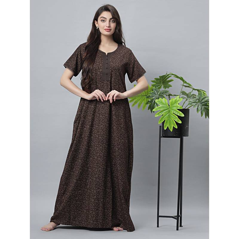 Quira Womens Coffee Cotton Blend Printed Nightdress - Half Sleeves (L)