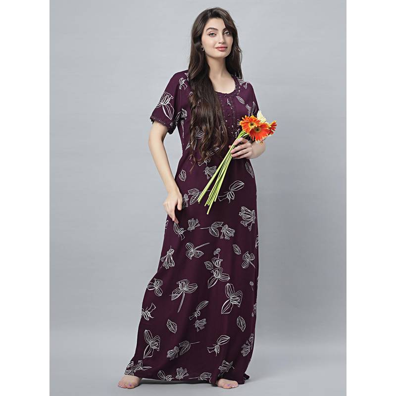 Quira Womens Wine Viscose Blend Printed Nightdress - Half Sleeves (3XL)