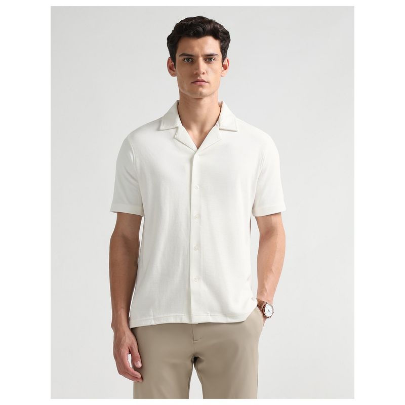 Arrow Newyork Men's White Textured Knitted Cuban Shirt (42)