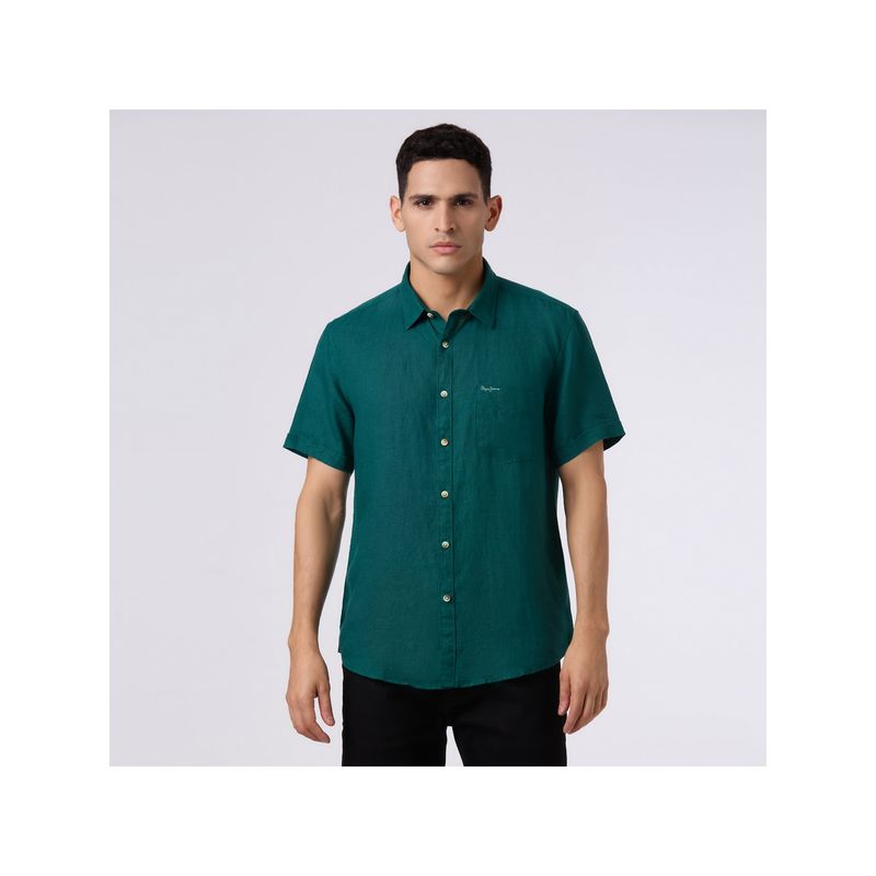Pepe Jeans Men's Teal Half Sleeve Linen Shirt (S)