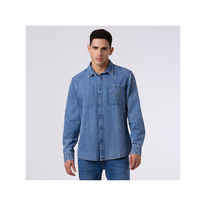 Pepe Jeans Men's Blue Front Pocket Full Sleeve Denim Shirt (M)