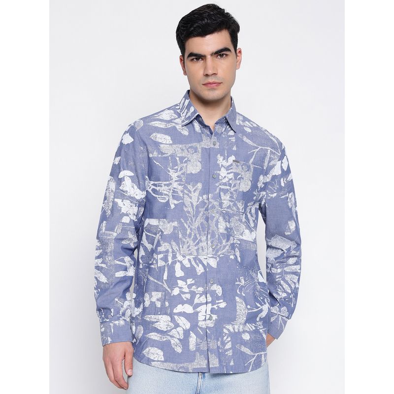 Guess Collin Chambray Blue Leave Leaf Regular Fit Shirt (S)
