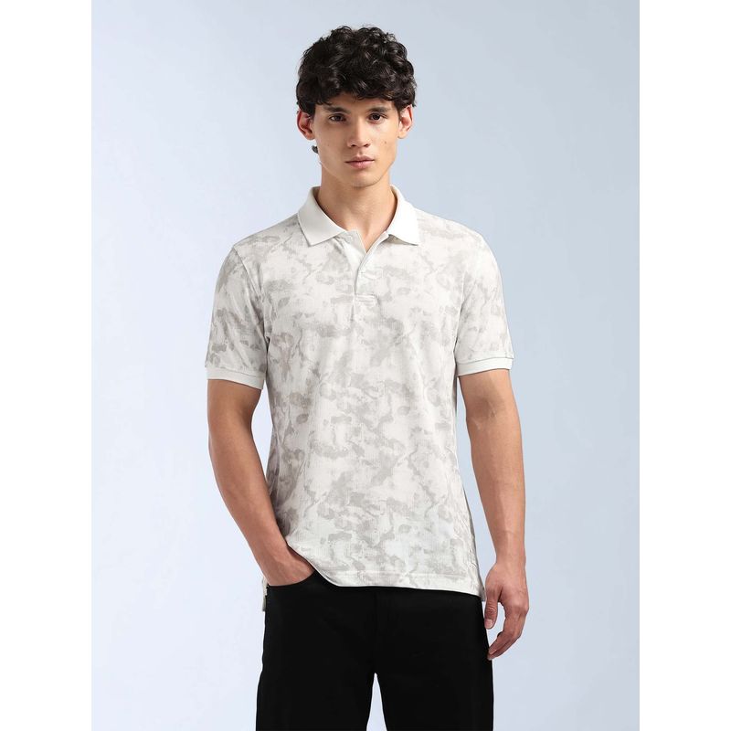 Flying Machine Men's Abstract Printed Regular Fit Polo T-Shirt - White (M)