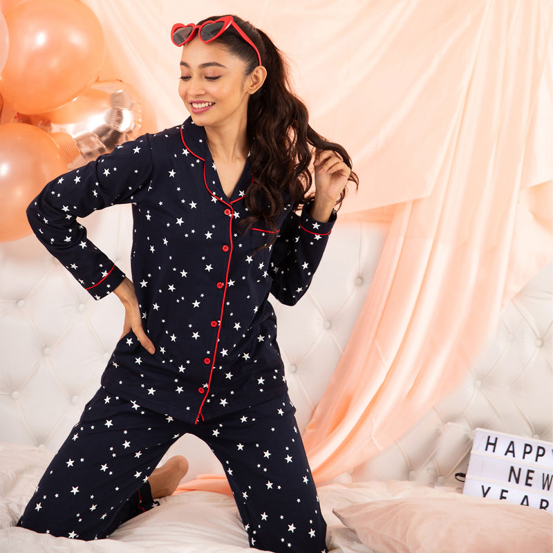 Nite Flite Women's Cotton Starry Night Full Sleeve Pyjama Set - Blue (M)