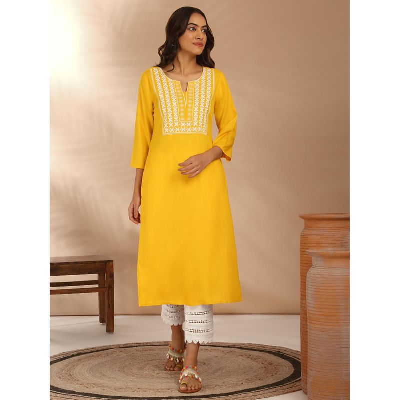 Likha Yellow Rayon Straight Fit Yoke Embroidered Kurta LIKLBKU20 (2XL)