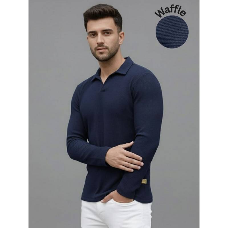 RIGO Men Textured Full Sleeves Casual Polo Navy Blue T-Shirt (M)